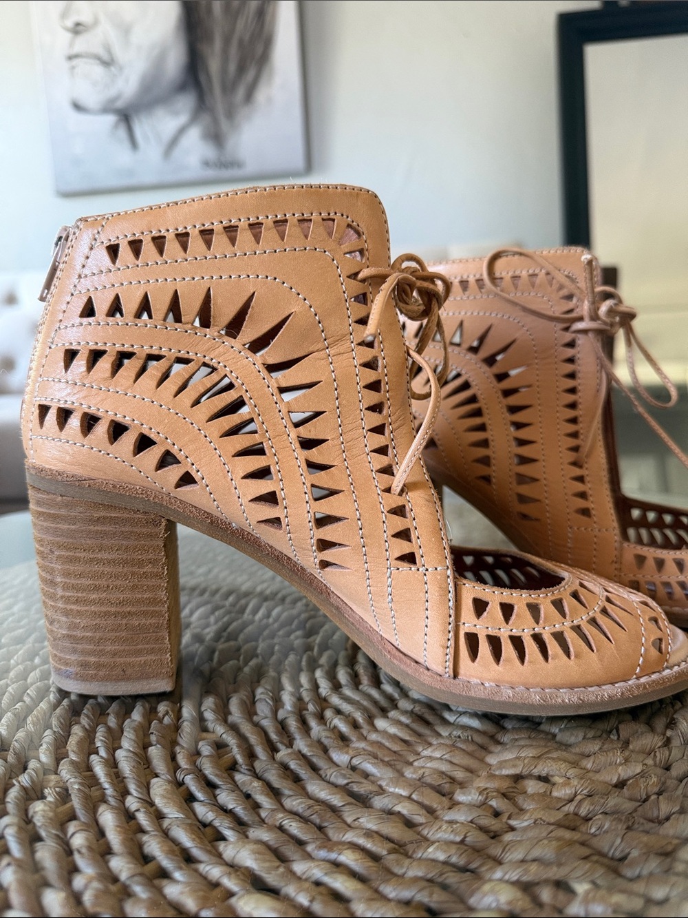 Jeffrey Campbell Women’s Tan leather Cutout Lace-Up Block Heel Ankle Boot